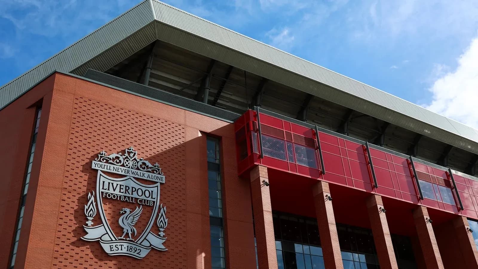 Liverpool Football Club emblem on stadium facade Liverpool Football Club emblem on stadium facade