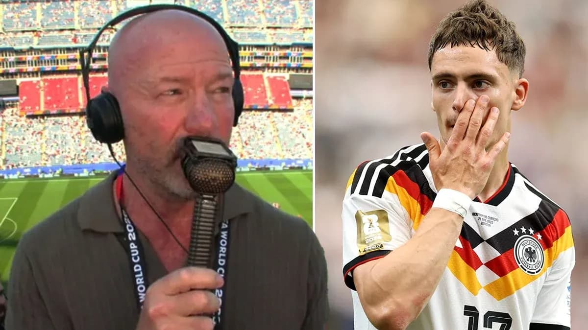 Commentator speaking at World Cup match, player reacting Commentator speaking at World Cup match, player reacting