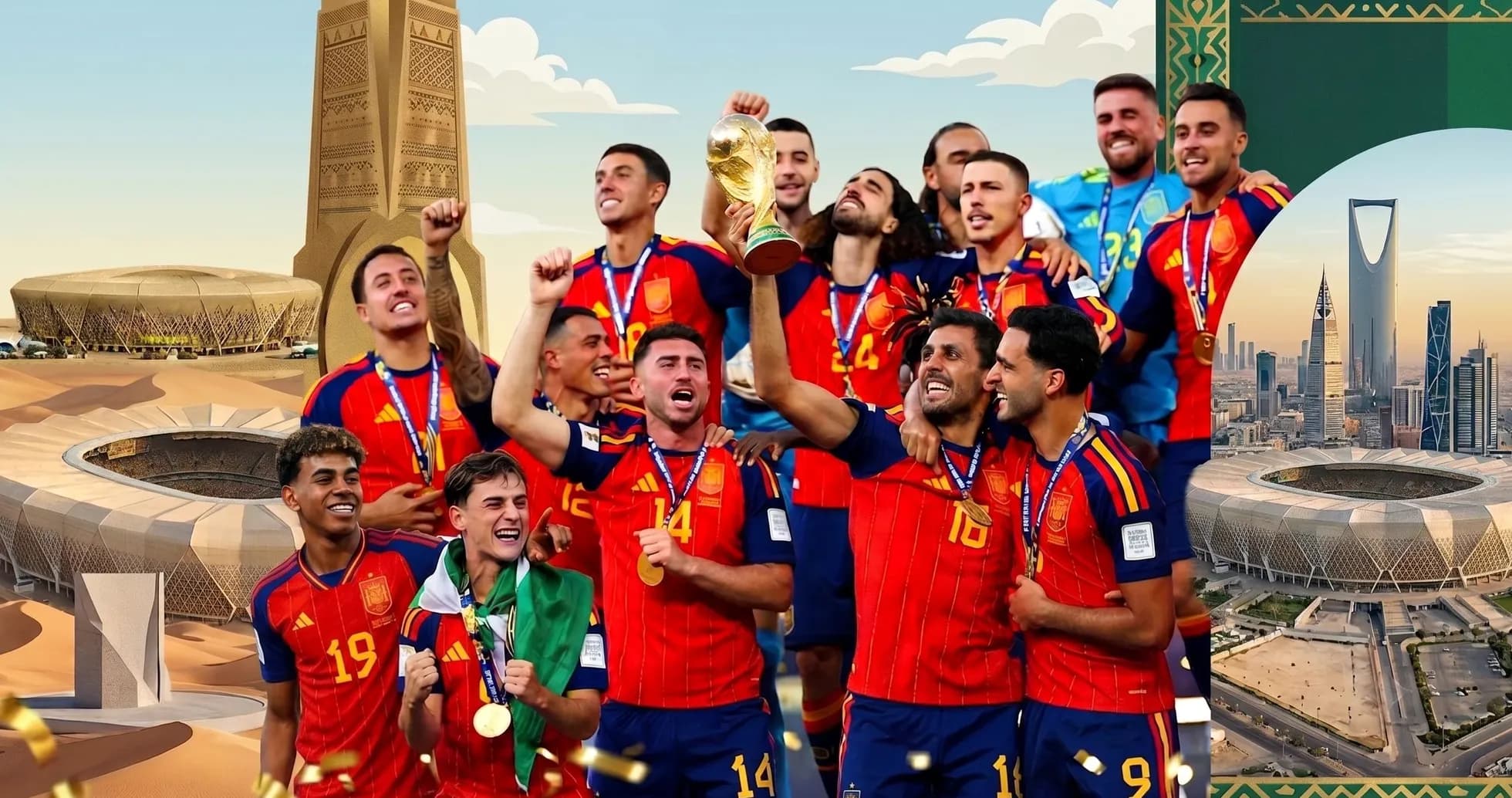 Spain team celebrating with trophy at World Cup Spain team celebrating with trophy at World Cup